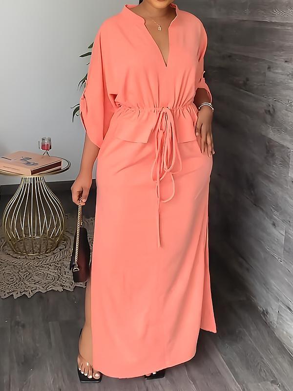 Loose Drawstring Solid Color Split-Side V-Neck Maxi Dresses Product Image