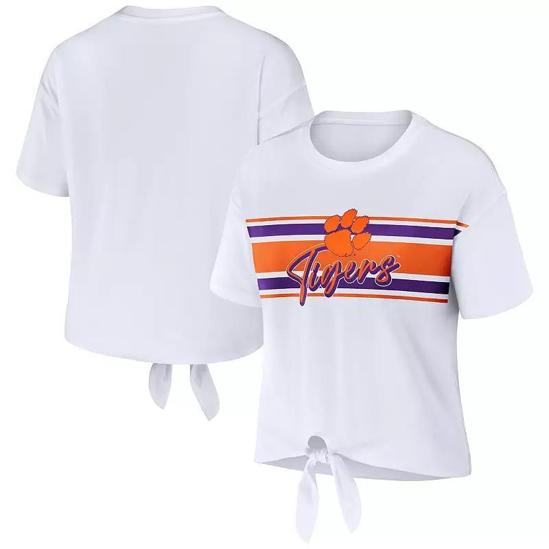 Womens WEAR by Erin Andrews Clemson Tigers Striped Front Knot Cropped T-Shirt Product Image