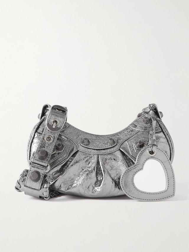 BALENCIAGA Cagole Xs Studded Metallic Crinkled-leather Shoulder Bag In Silver Product Image