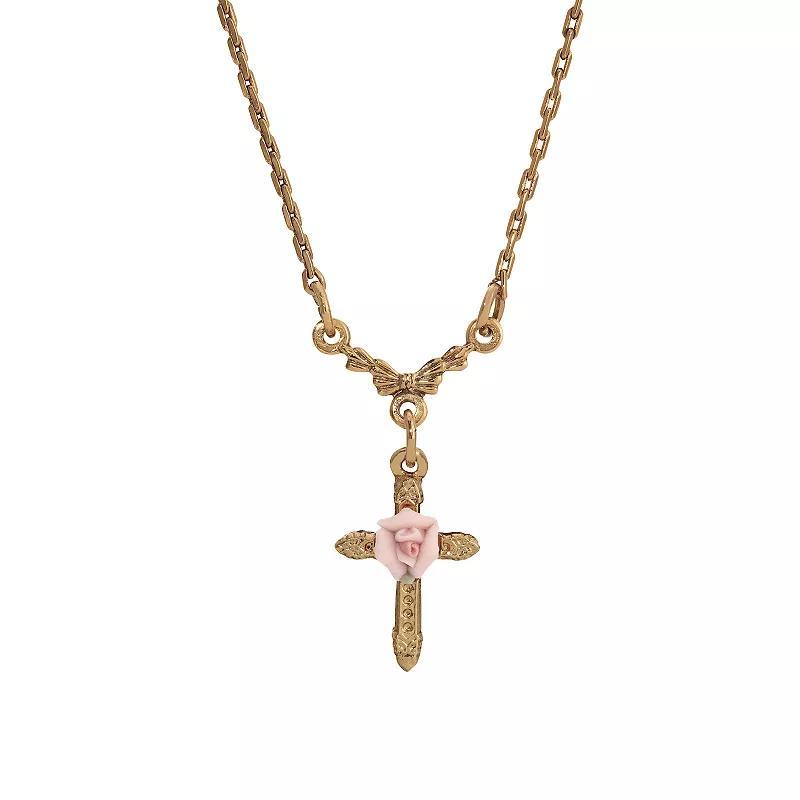 1928 Gold Tone Rose Cross Necklace, Womens, Pink product image