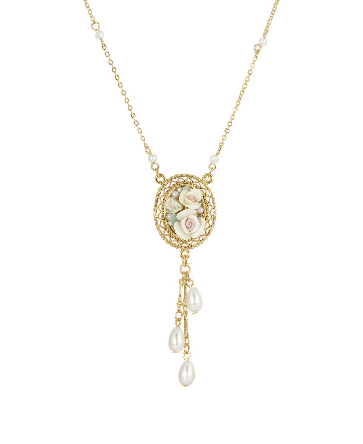 1928 Gold Tone Porcelain Rose Pendant Necklace with Simulated Pearl Drops, Womens, White Product Image