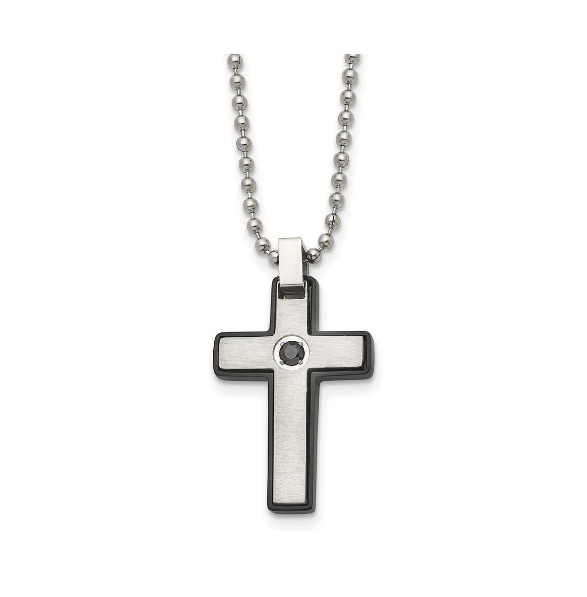 Chisel Brushed Black Ip-plated Cz Cross Pendant Ball Chain Necklace Product Image