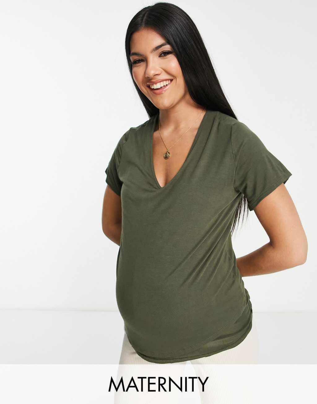 Flounce London Maternity fitted Stretch T-shirt in khaki Product Image