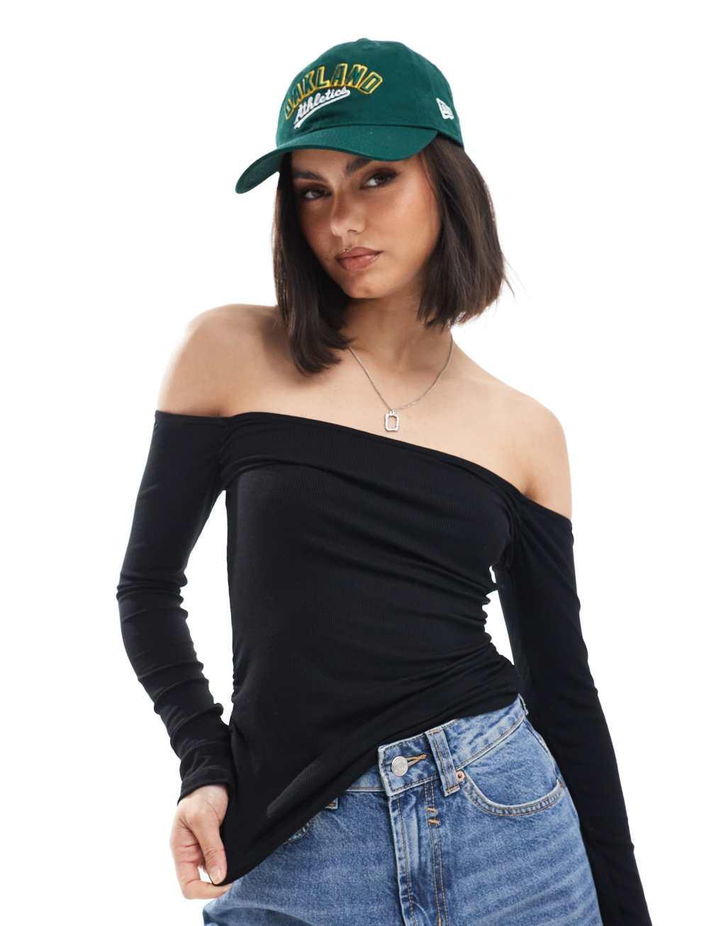 Cotton On staple ribbed ruched off the shoulder top in black product image