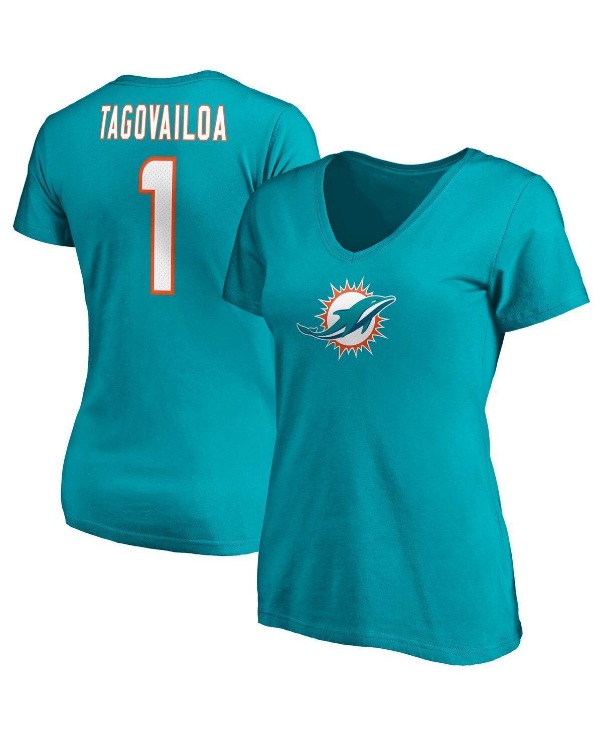 Womens Fanatics Tua Tagovailoa Aqua Miami Dolphins Player Icon Name and Number V-Neck T-shirt Product Image