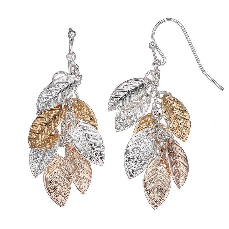 LC Lauren Conrad Tri Tone Leaf Cluster Nickel Free Drop Earrings, Womens Product Image