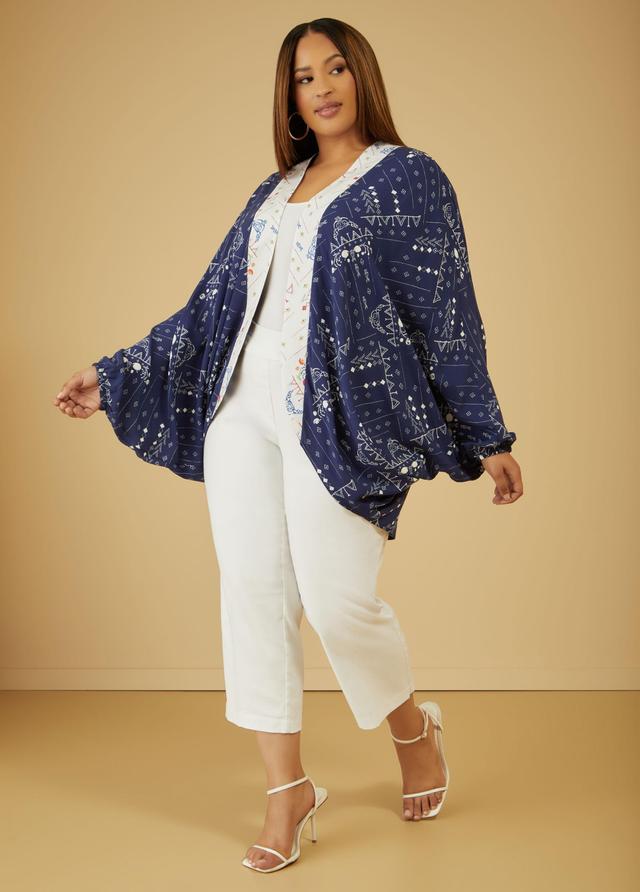 Plus Size Open Front Printed Woven Kimono Ashley Stewart Product Image