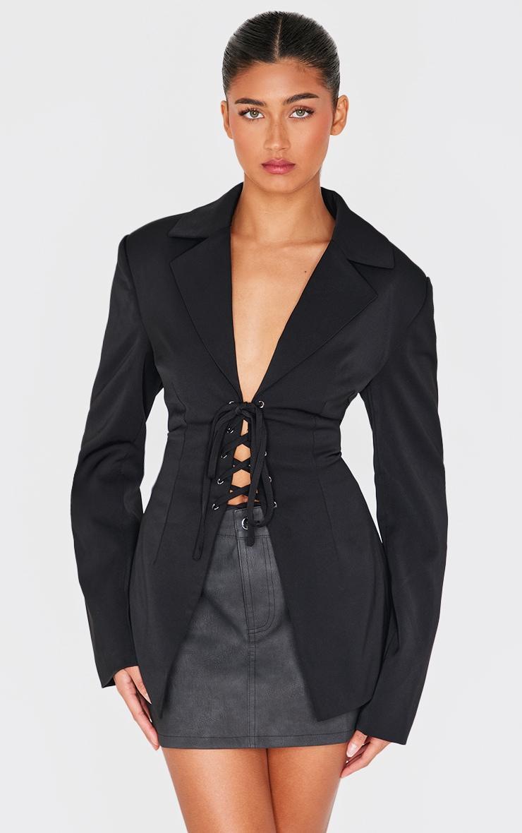 Black Lace Up Tie Front Blazer Product Image