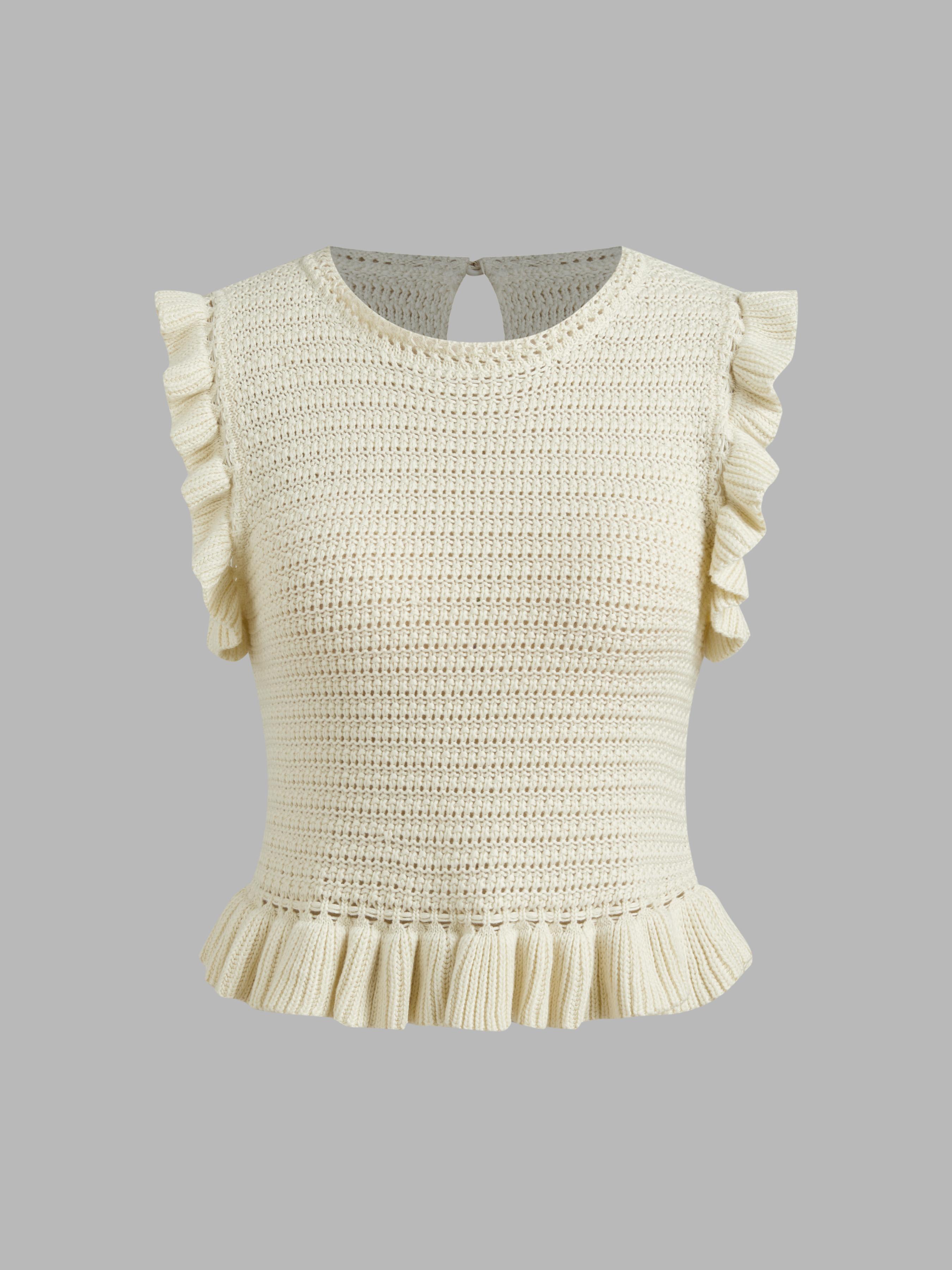 Knit Round Neckline Solid Ruffle Hem Cut Out Tank Top Product Image