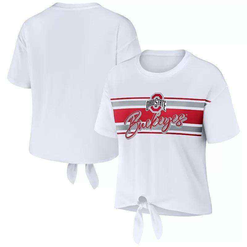 Womens WEAR by Erin Andrews Ohio State Buckeyes Striped Front Knot Cropped T-Shirt Product Image