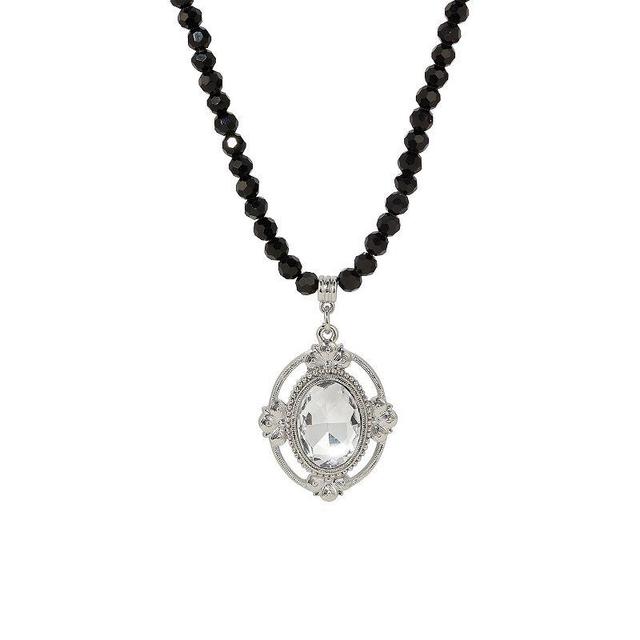 1928 Crystal Faceted Oval Pendant Black Beaded Necklace, Womens, White Silver Product Image