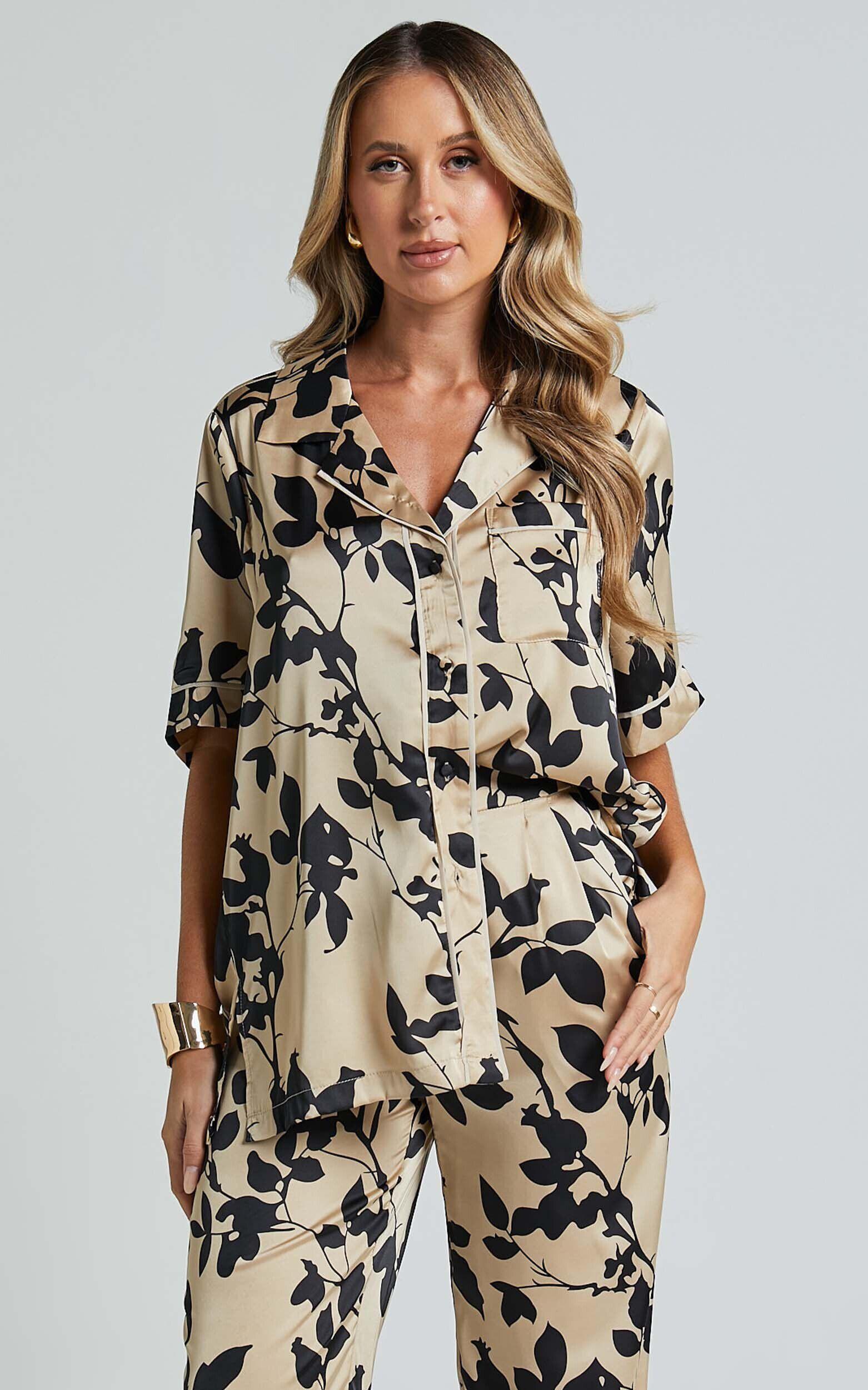 Laila Top - Short Sleeve Button Through Relaxed Shirt in Black and Cream Print Product Image