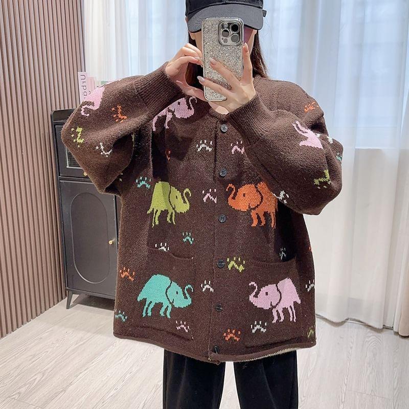 Round Neck Elephant Jacquard Cardigan Product Image