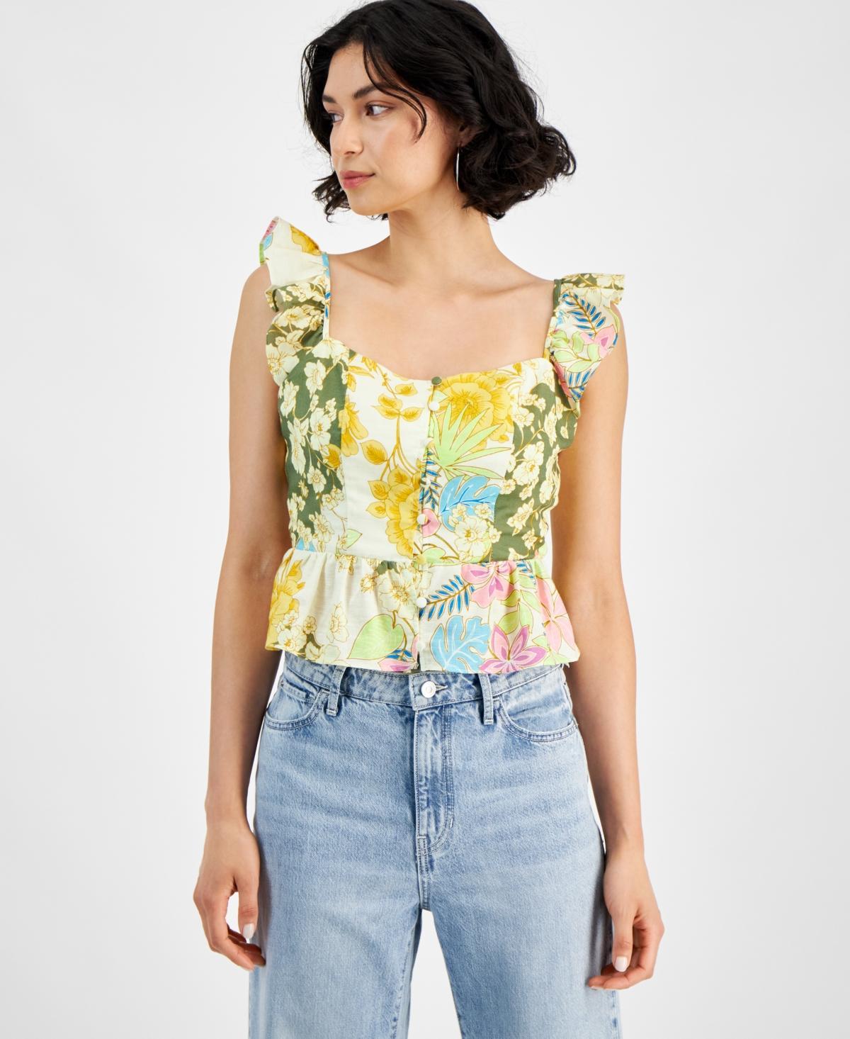 Guess Womens Carine Floral-Print Peplum Sleeveless Top Product Image