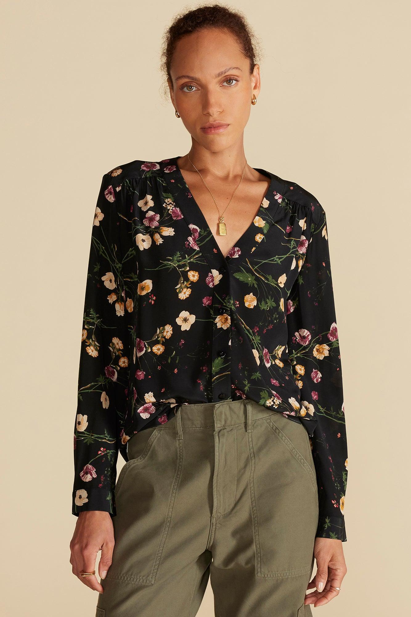 Kaya Washable Silk Blouse - Black Margeuritte Wildflower Print product image