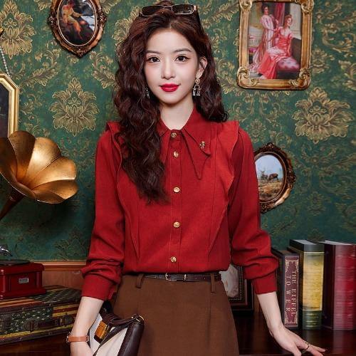 Long-Sleeve Ruffle Plain Shirt Product Image