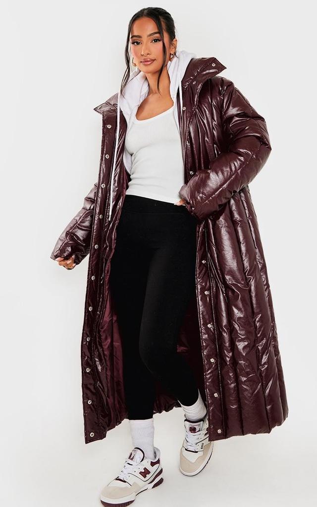 Petite Burgundy Shine High Neck Puffer Maxi Coat Product Image