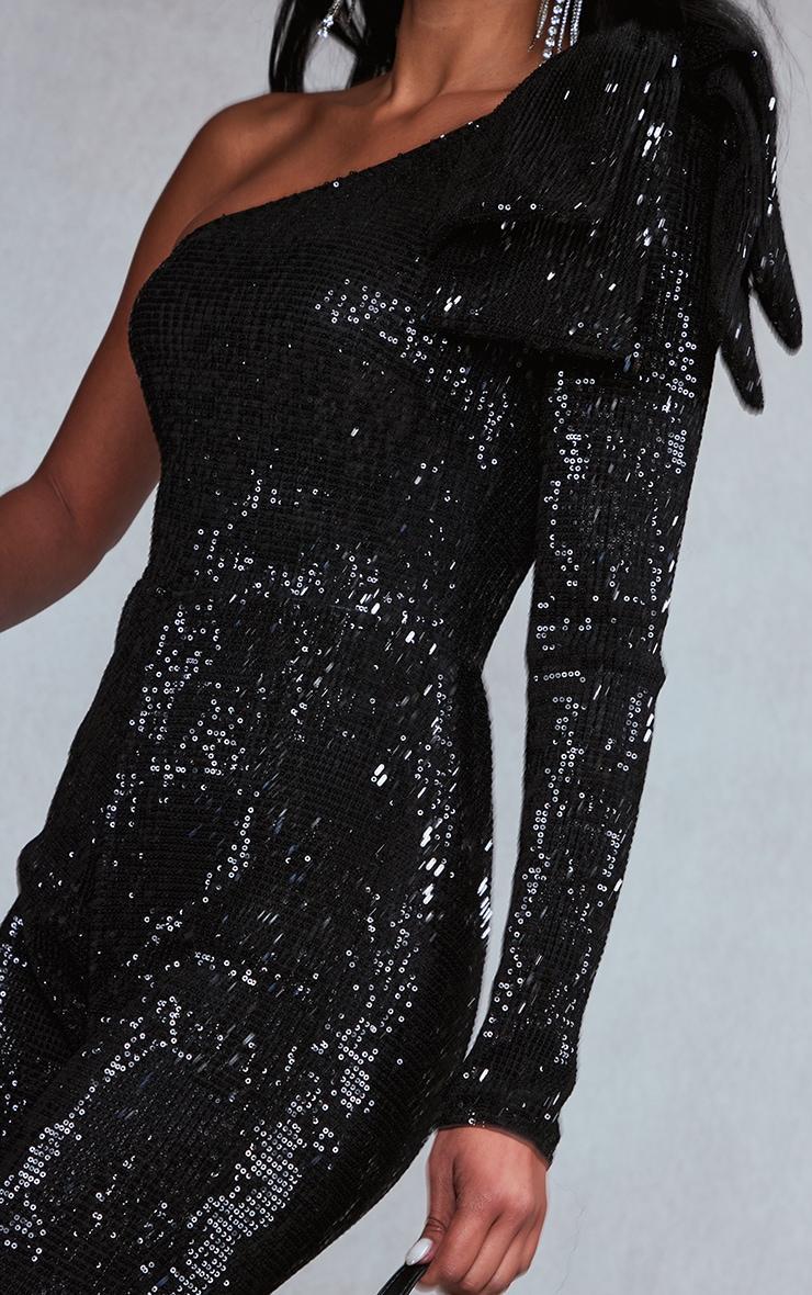 Black Sequin Bow One Shoulder Flared Jumpsuit Product Image