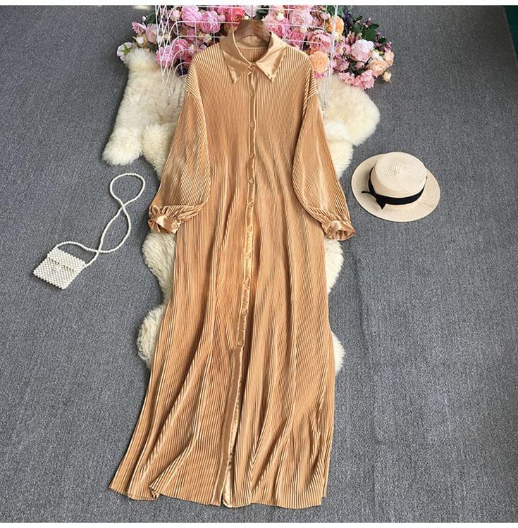 Long-Sleeve Button-Up Plain Maxi Dress Product Image