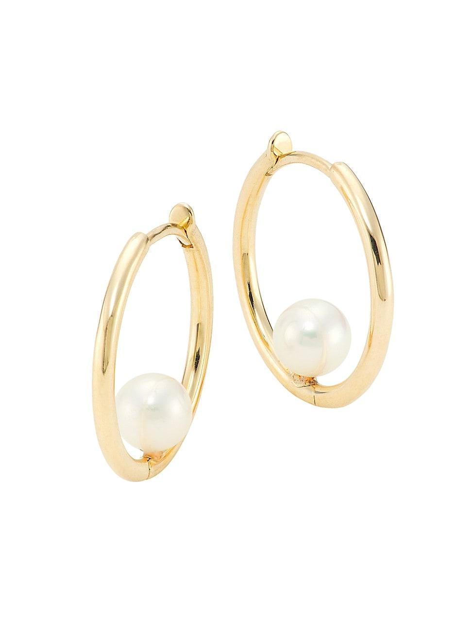 Womens White Pearls 14K Gold & Pearl Medium Hinged Huggie Hoop Earrings Product Image