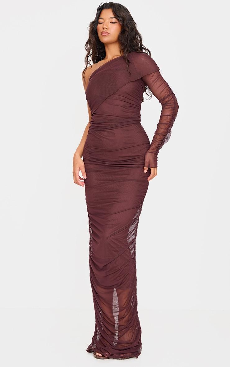 Chocolate Mesh Bardot One Sleeve Maxi Dress Product Image