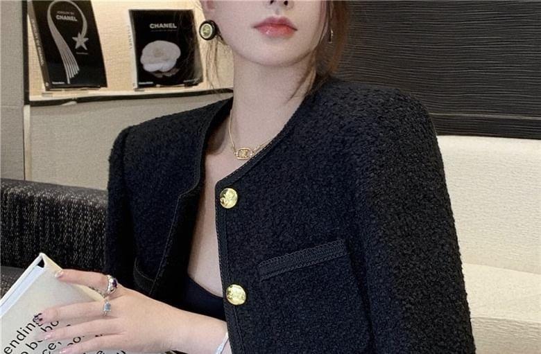 Crew Neck Plain Button-Up Tweed Crop Jacket Product Image