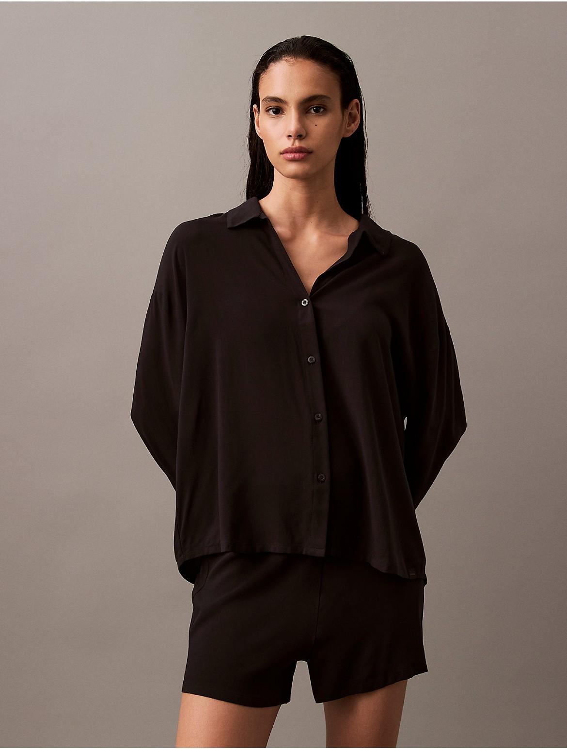 Calvin Klein Womens Woven Viscose Button-Down Sleep Shirt - Black - M Product Image