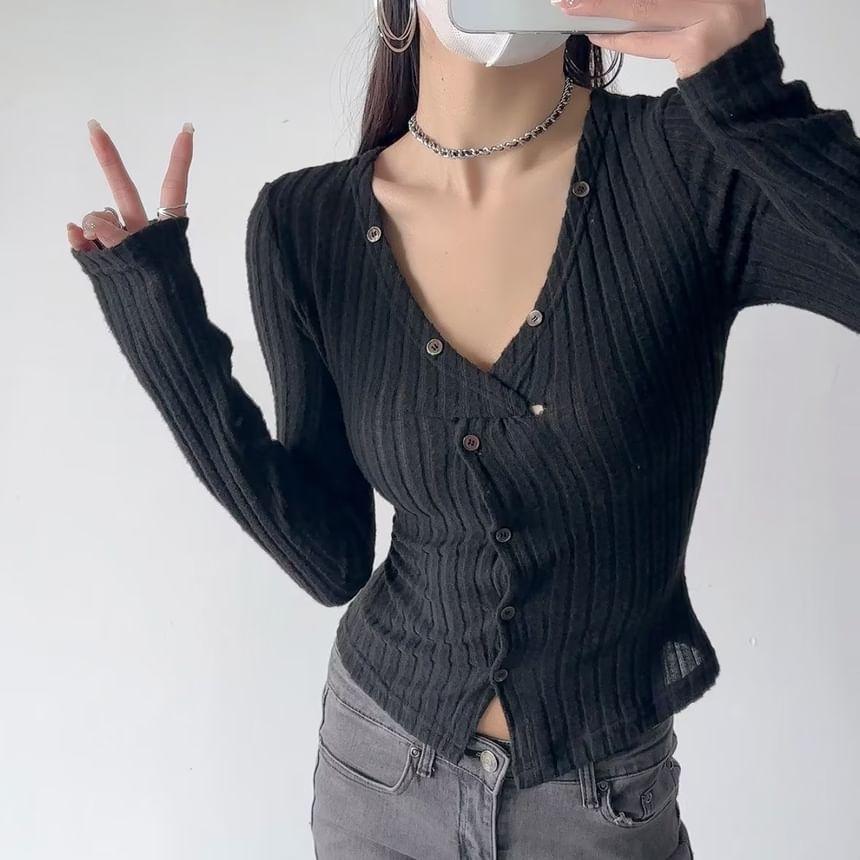 V-Neck Button-Up Plain Crop Cardigan Product Image