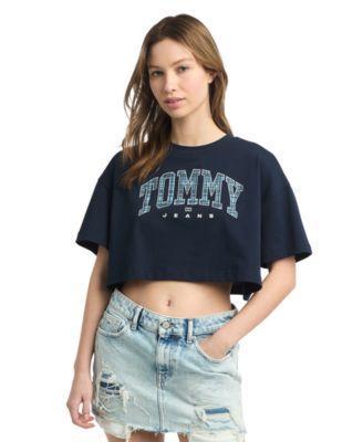 Tommy Jeans Womens Cotton Oversized Cropped Tartan Graphic T-Shirt Product Image