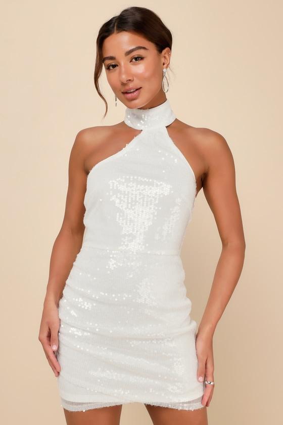 Sensational Purpose White Sequin Halter Tulip Mini Dress Product Image