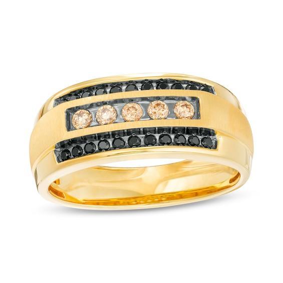 Men's 1/2 CT. T.w. Black and Champagne Diamond Triple Row Ring in 10K Gold Product Image