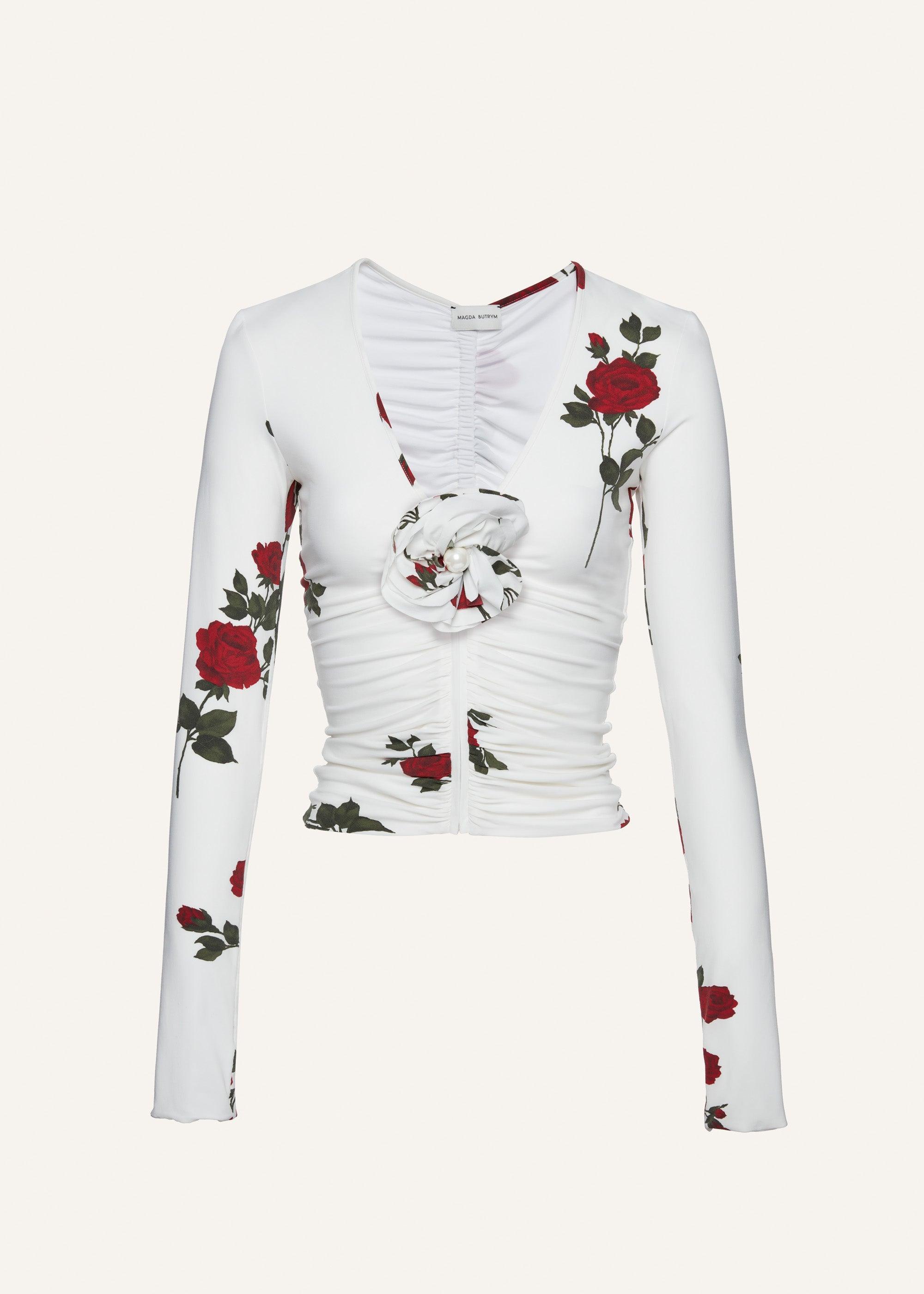 Ruched v neck long sleeve jersey top in white print Product Image