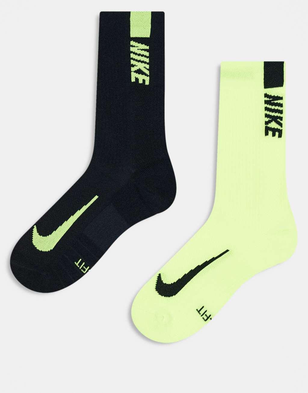 Nike Running Multiplier 2-pack crew socks in black and lime Product Image