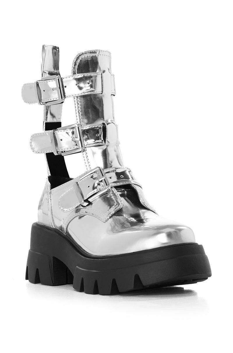 AZALEA WANG ATTICUS SILVER BUCKLE UP BOOTIE Product Image