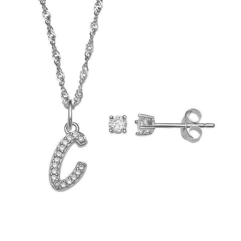 LC Lauren Conrad Sterling Silver Cubic Zirconia Stud Earrings & Initial Pendant Necklace Set, Womens Sterling Silver P Product Image