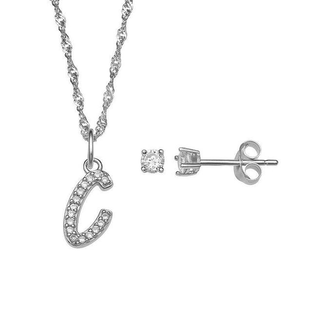 LC Lauren Conrad Sterling Silver Cubic Zirconia Stud Earrings & Initial Pendant Necklace Set, Womens Sterling Silver N Product Image