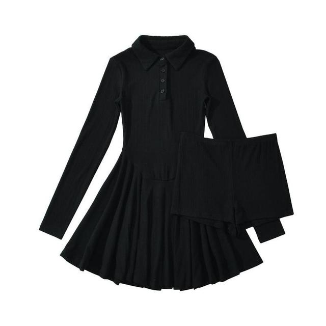 Long-Sleeve Polo Collar Plain Mini A-Line Dress Product Image