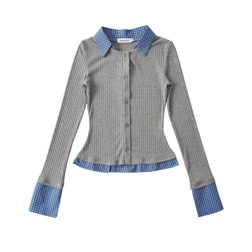 Mock Two-Piece Long-Sleeve Gingham Collar Plain Ribbed T-Shirt Product Image