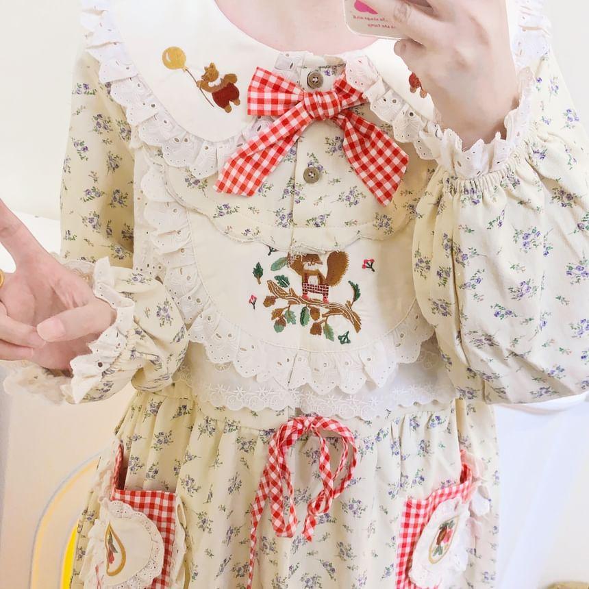 Long-Sleeve Collar Floral Embroidered Bow Midi A-Line Dress Product Image