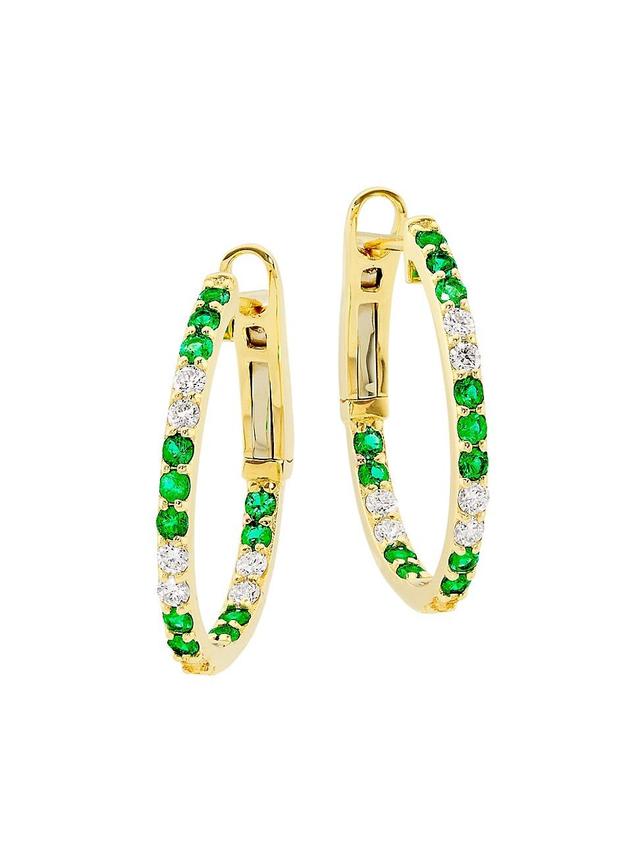 Womens 14K Yellow Gold, Emerald & 0.4 TCW Diamond Small Oval Hoop Earrings Product Image