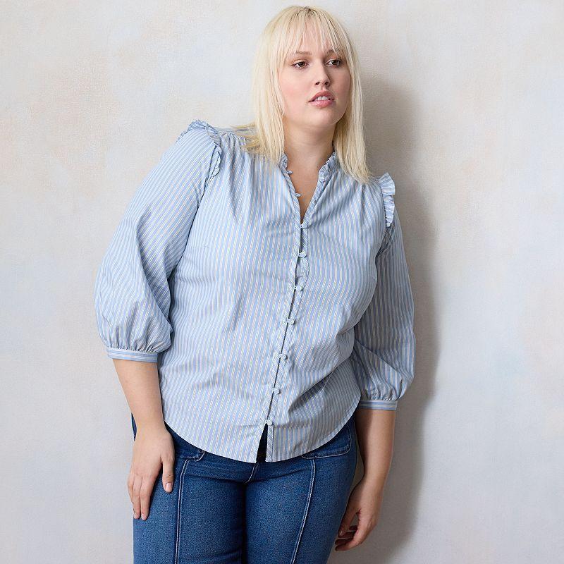 Plus Size LC Lauren Conrad Button Front Ruffle Blouse, Womens Product Image