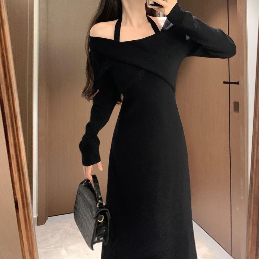 Long-Sleeve Halter Neck Off-Shoulder Plain Midi A-Line Knit Dress Product Image