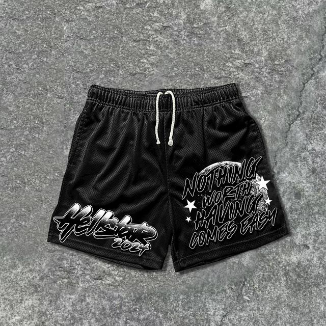 Retro Hellstar Flame Skeleton Earth Print Mesh Shorts Product Image