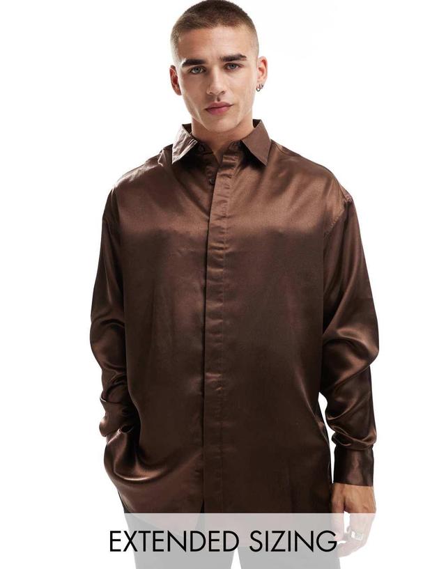 ASOS DESIGN oversized sateen shirt in dark brown Product Image