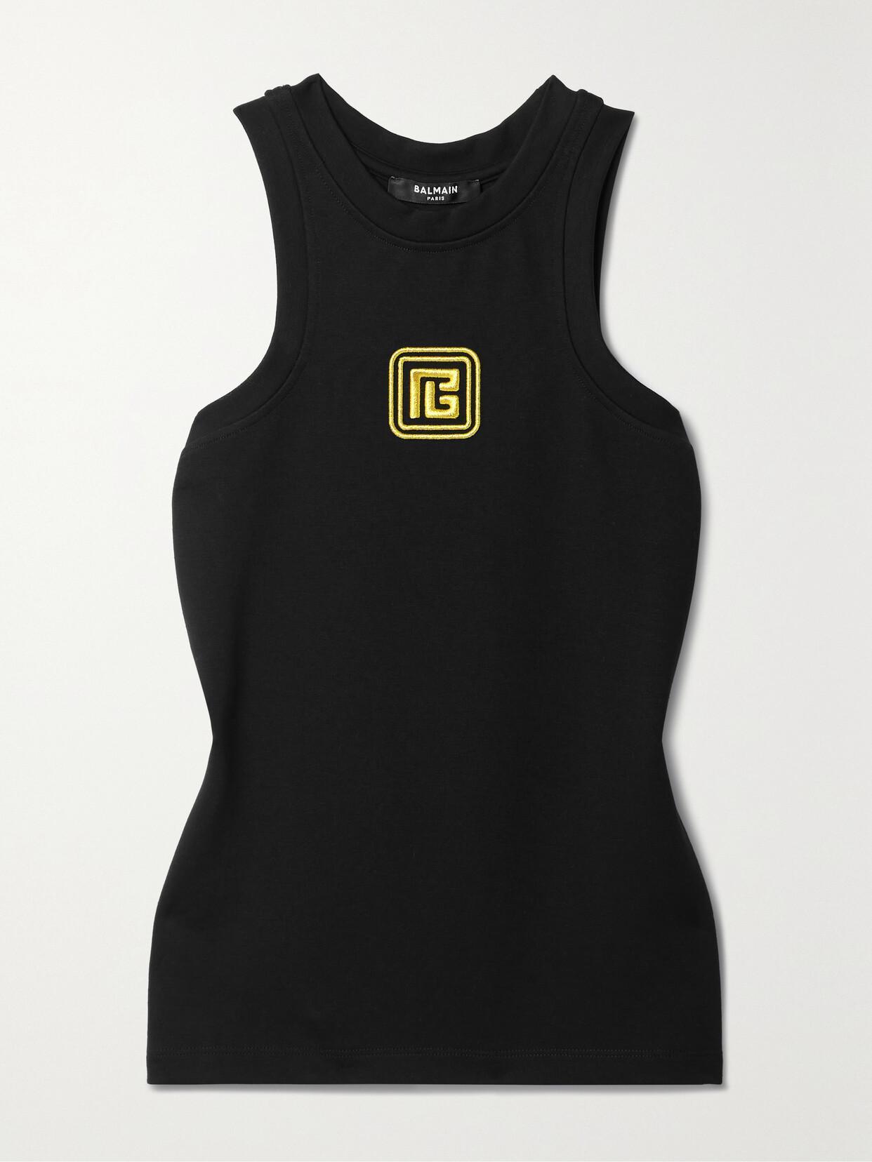 BALMAIN Embroidered Stretch Cotton-blend Tank In Black Gold Product Image