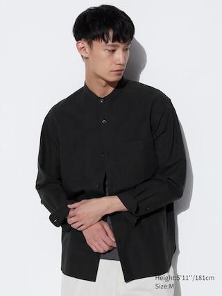 Mens Cotton Linen Stand Collar Shirt Black Medium UNIQLO US Product Image