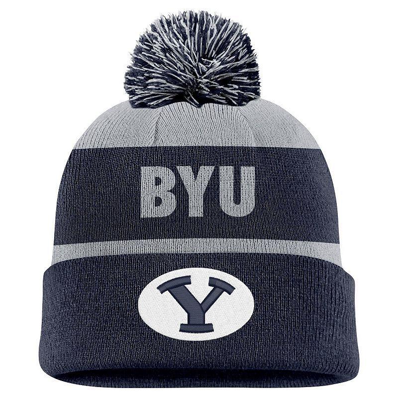 Mens Nike Gray/Navy BYU Cougars Peak Stripe Cuffed Knit Hat with Pom Product Image