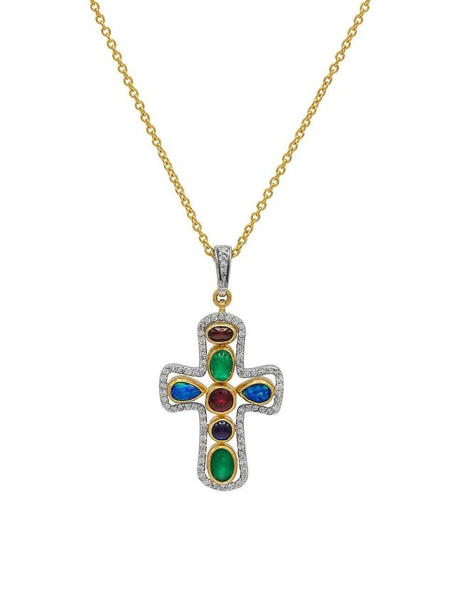 Womens 18K White Gold, 22K Yellow Gold, & 24K Yellow Gold & Multi-Gemstone Cross Pendant Necklace Product Image