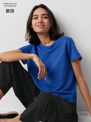 Womens Linen Crew Neck Short Sleeve T-Shirt Blue 2XS UNIQLO US Product Image