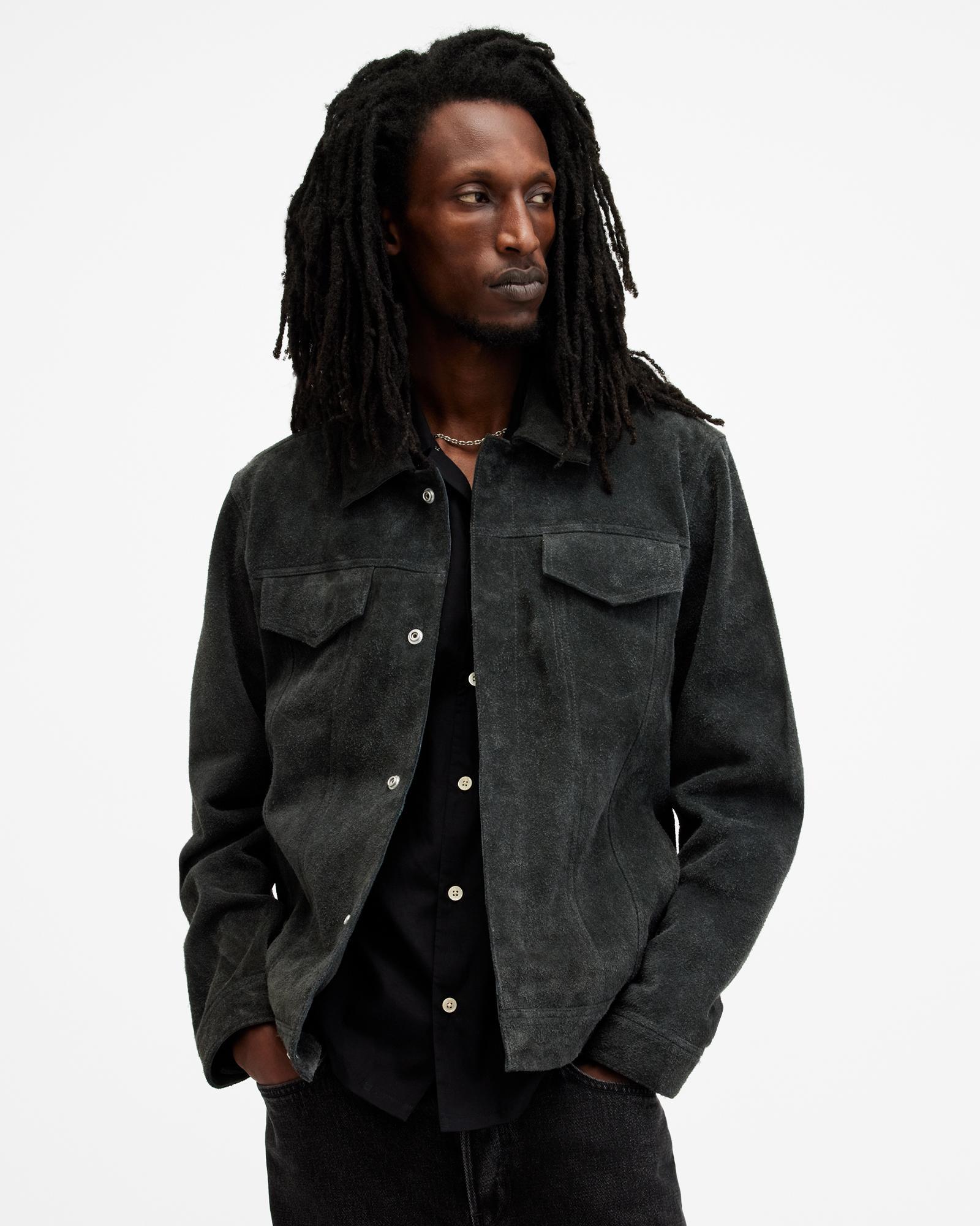 ALLSAINTS Hopper Suede Trucker Jacket In Washed Black Product Image